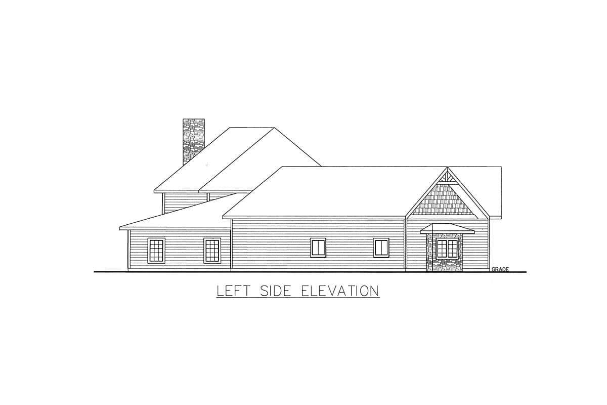 Left side elevation drawing of a house plan featuring a brick chimney, varied rooflines, and multiple windows.