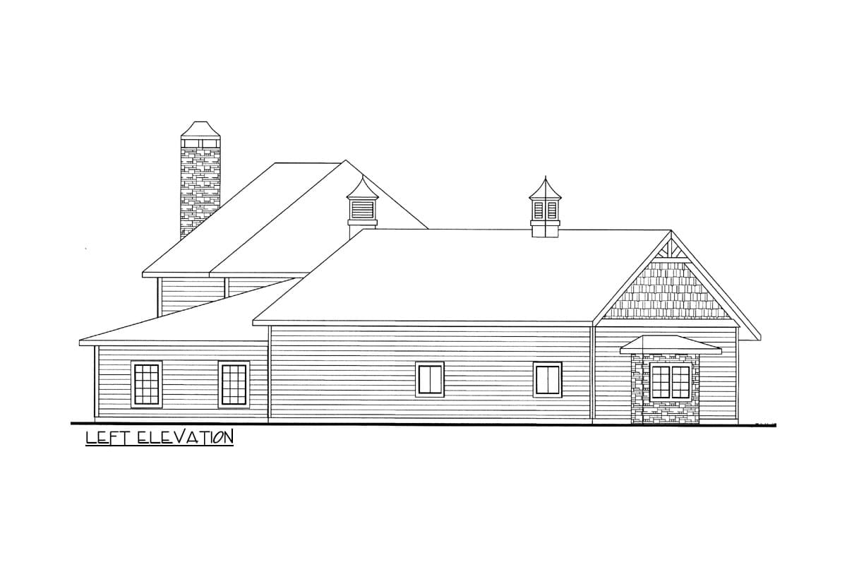 Left elevation house plan with gabled roof, cupolas, brick chimney, and shingled gable end.