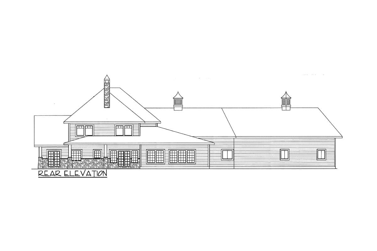 Rear elevation of a two-story house plan with a stone foundation, multiple French doors, dormers, and cupolas.