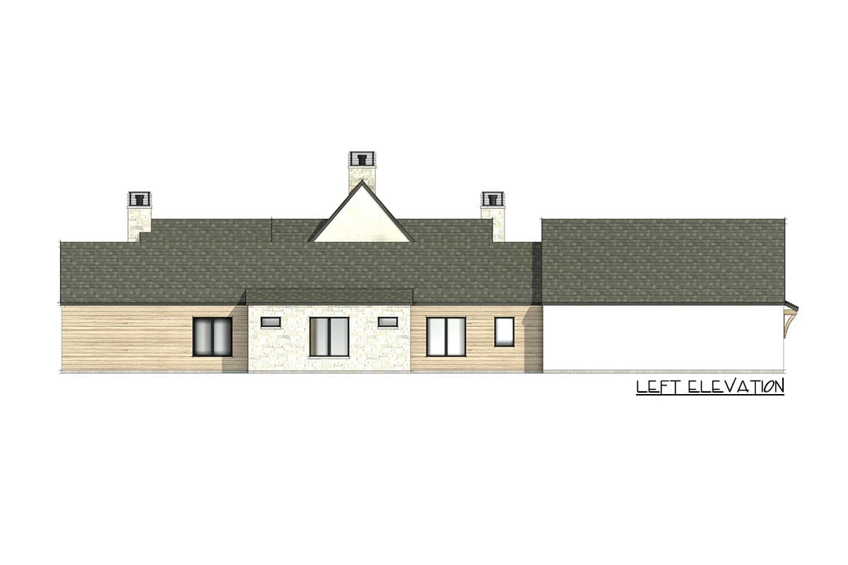 Left elevation house plan with wood siding, stone accents, gabled roof, and two chimneys.