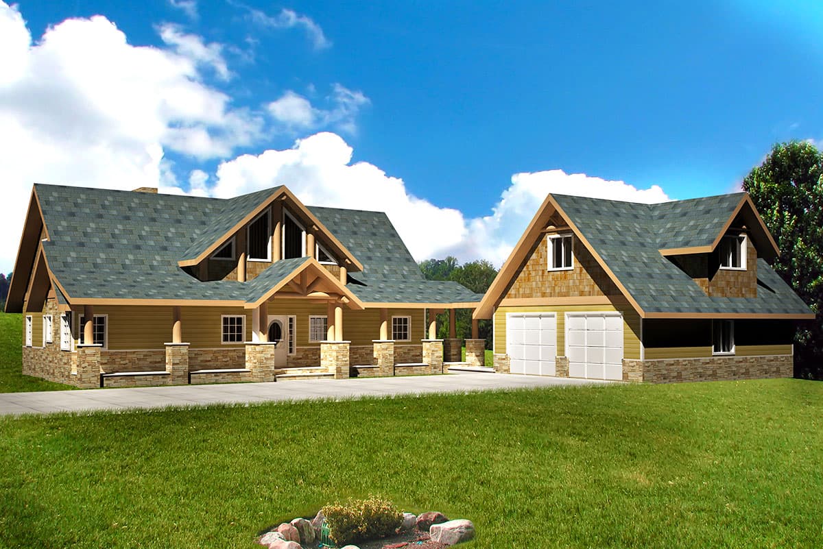 House plan exterior: two-story lodge style with covered porch, stone accents, prominent gables, and attached two-car garage.