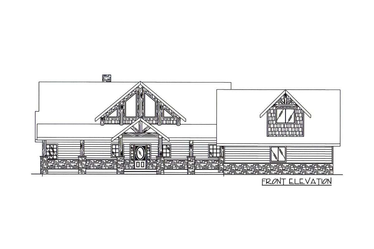 Front elevation drawing of a log home with stone foundation, prominent gable dormers, and a covered entryway.