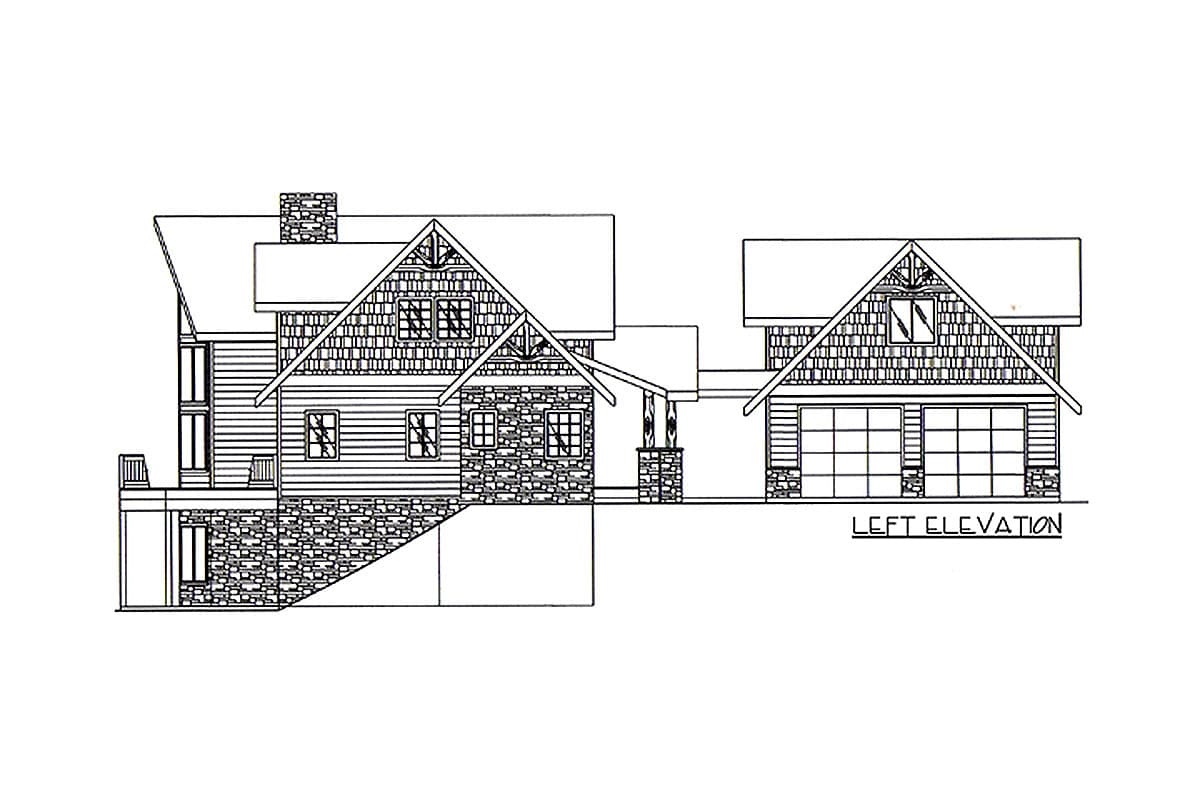 Left elevation house plan showing a multi-story home with stone foundation, gables, dormers, and a three-car garage.