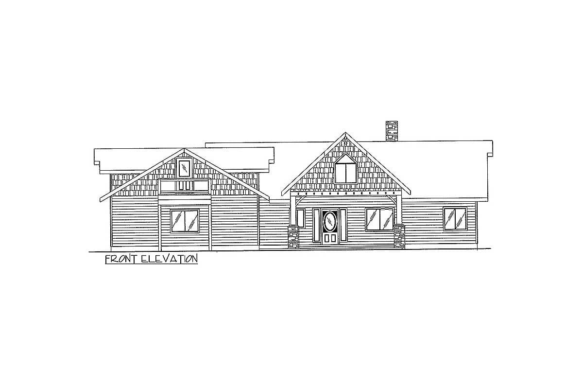 Front elevation drawing of a house with gabled dormers, a covered porch with stone columns, and horizontal siding.