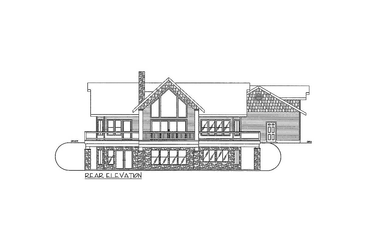 Rear elevation of a two-story house plan featuring a large gable window, stone base, and prominent chimney.