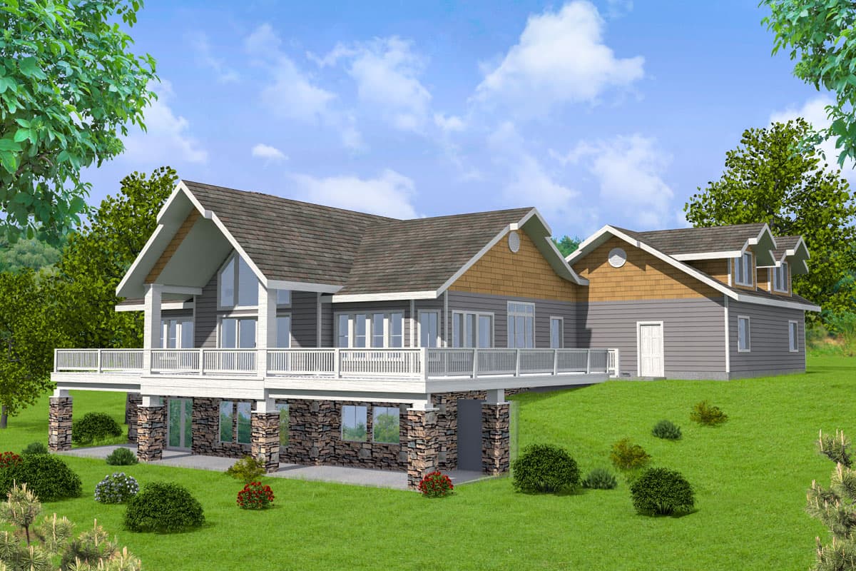 House plan exterior: Modern style, two stories, large wraparound deck, stone-clad foundation, and multiple gables with dormers.