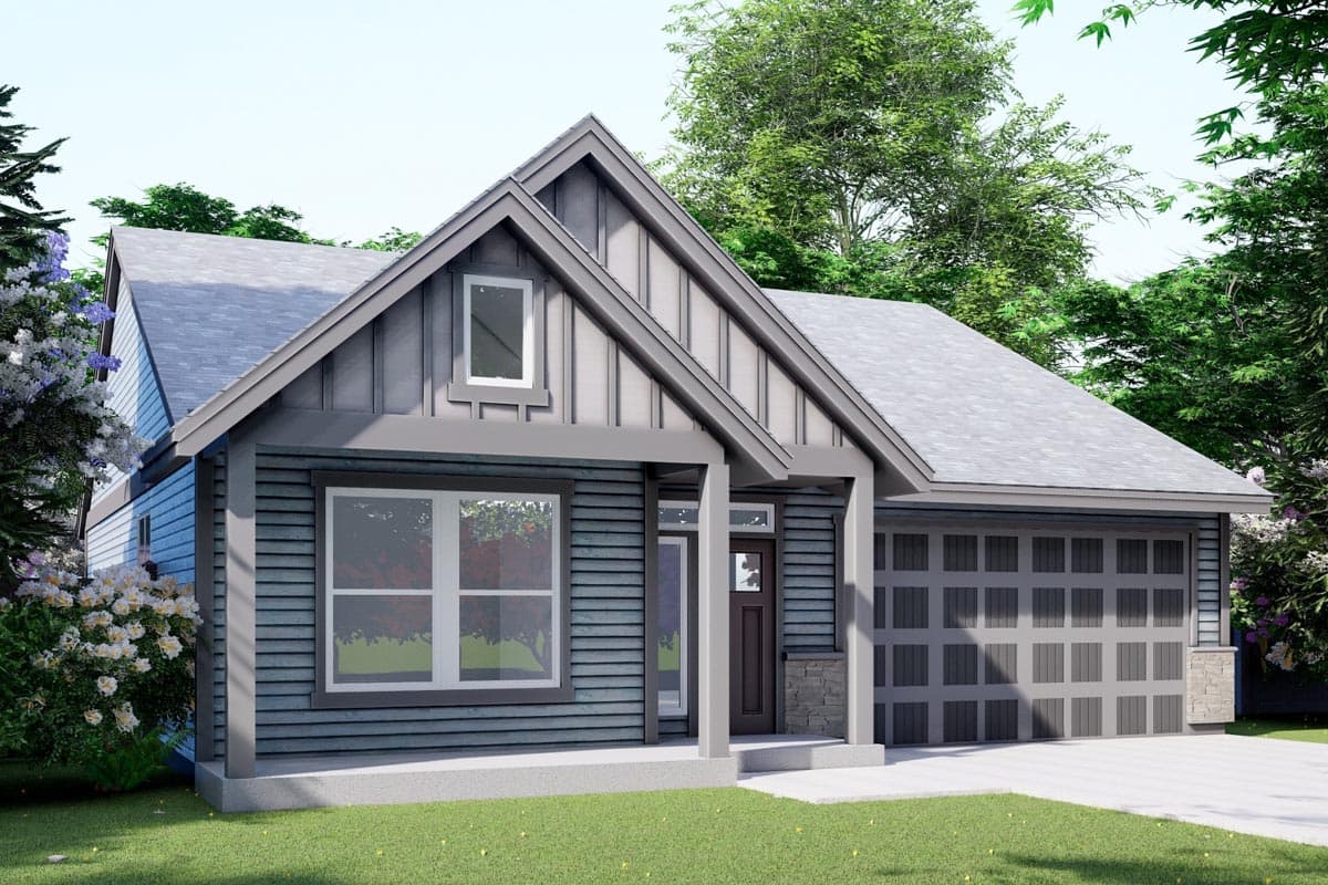 House plan exterior. Modern Farmhouse style, one-story. Features include a front-facing gable, covered porch, and attached garage with paneled door.