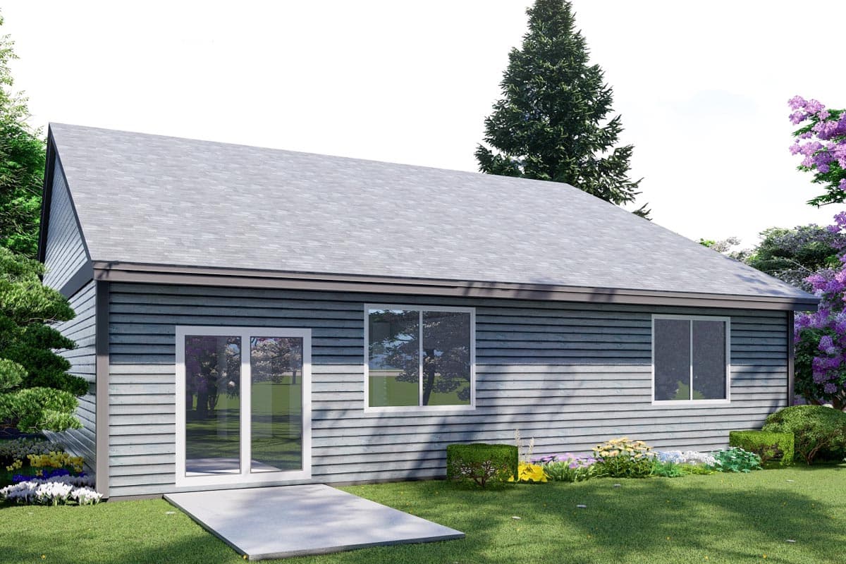 House plan exterior, one story, vinyl siding, gable roof, sliding glass doors, and two windows.