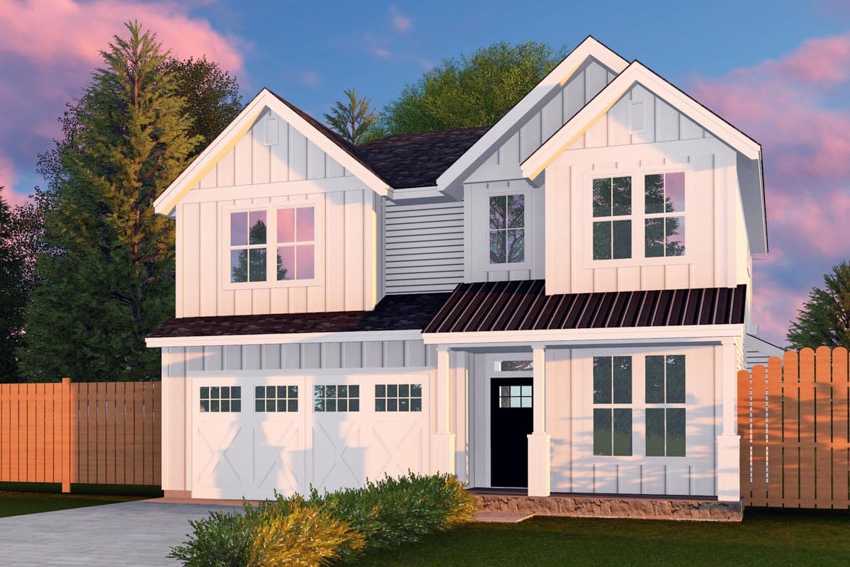 House plan exterior. Two-story Modern Farmhouse with gables, porch, and garage. Features include board and batten siding and a dark metal roof.