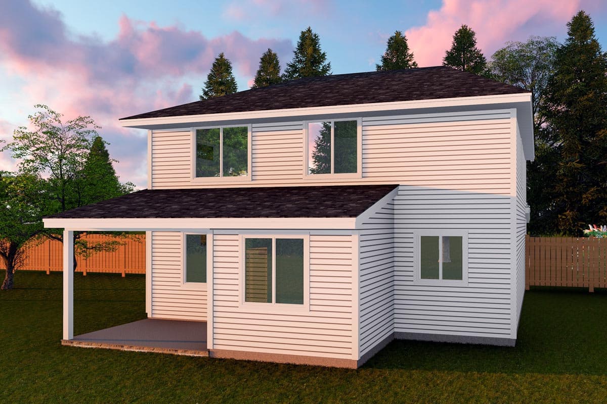 Two-story house plan exterior with horizontal siding, covered porch on left, and multiple windows on front and side.
