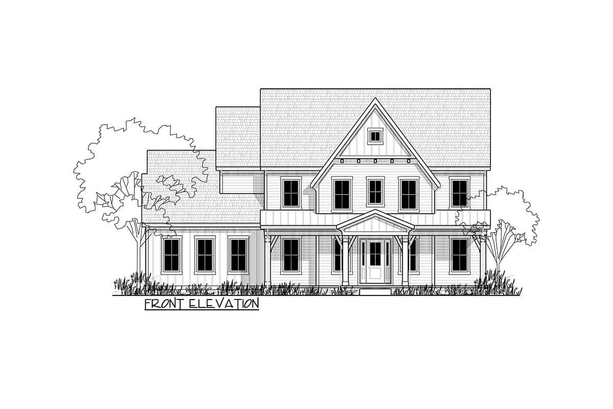 Front elevation drawing of a two-story house with a prominent gable, covered front porch, and multiple windows.