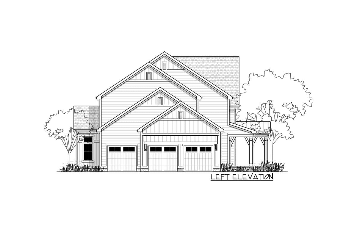 Left elevation of a two-story house plan featuring a three-car garage, covered porch, and multiple gables.