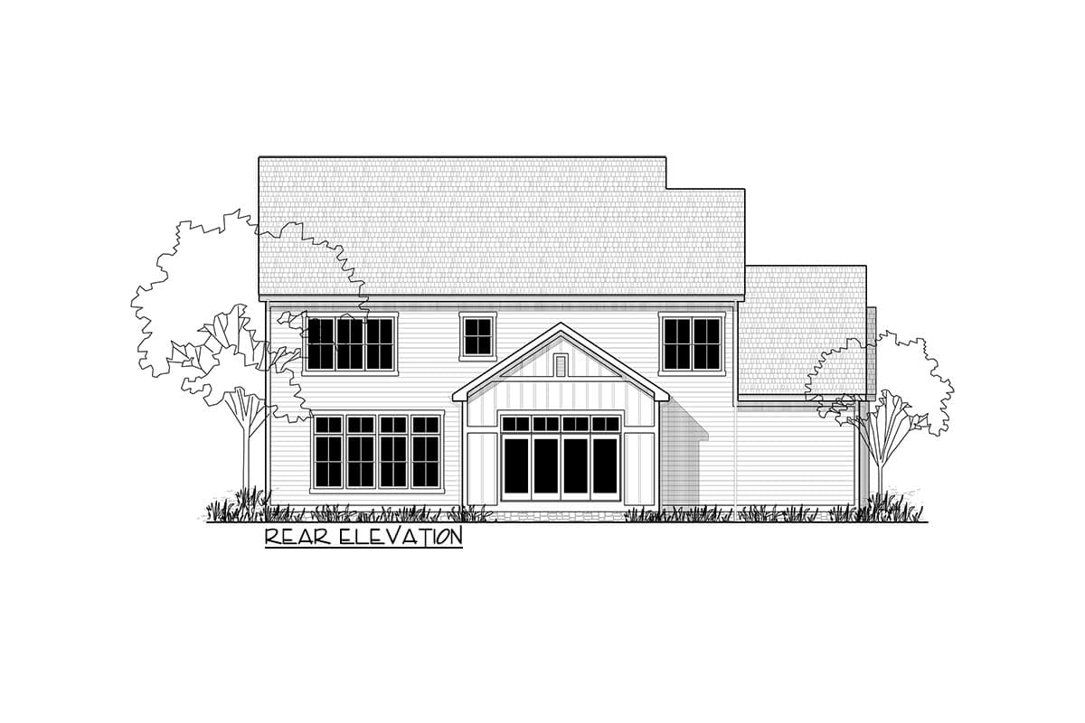 Rear elevation drawing of a two-story house with multiple gables, a prominent central gable with French doors, and double-hung windows.