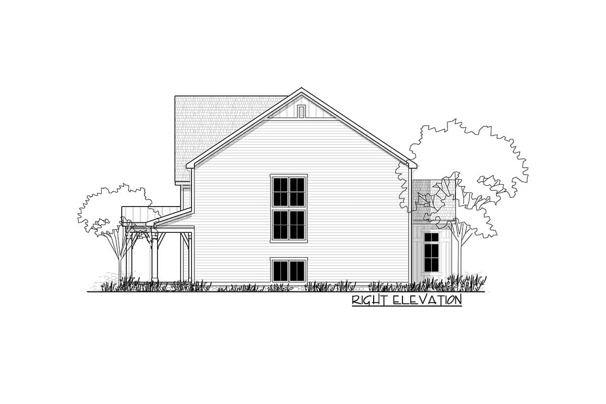 Right elevation of a house plan, showing a covered porch, gable, and stacked windows.