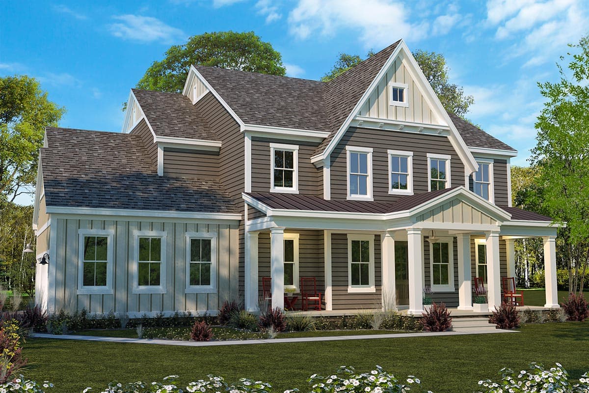 House plan exterior view of a two-story home. Features include a front porch with columns, gables, and a prominent roofline.