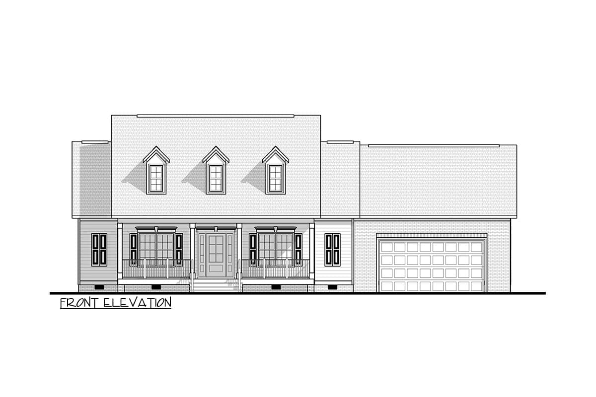 Front elevation house plan with a central porch, dormers, and attached garage.