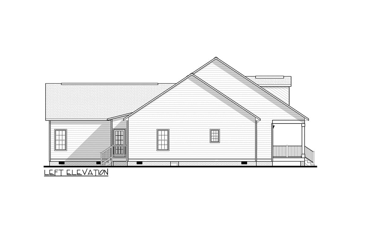 Left elevation drawing of a single-story house plan with a covered porch, gabled roof, and multiple windows.