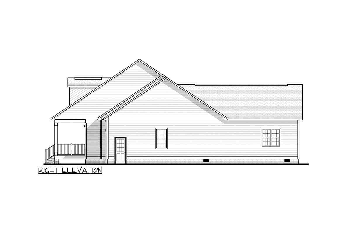 Right elevation house plan showing a covered porch, entryway door, and two windows. Features varied rooflines.