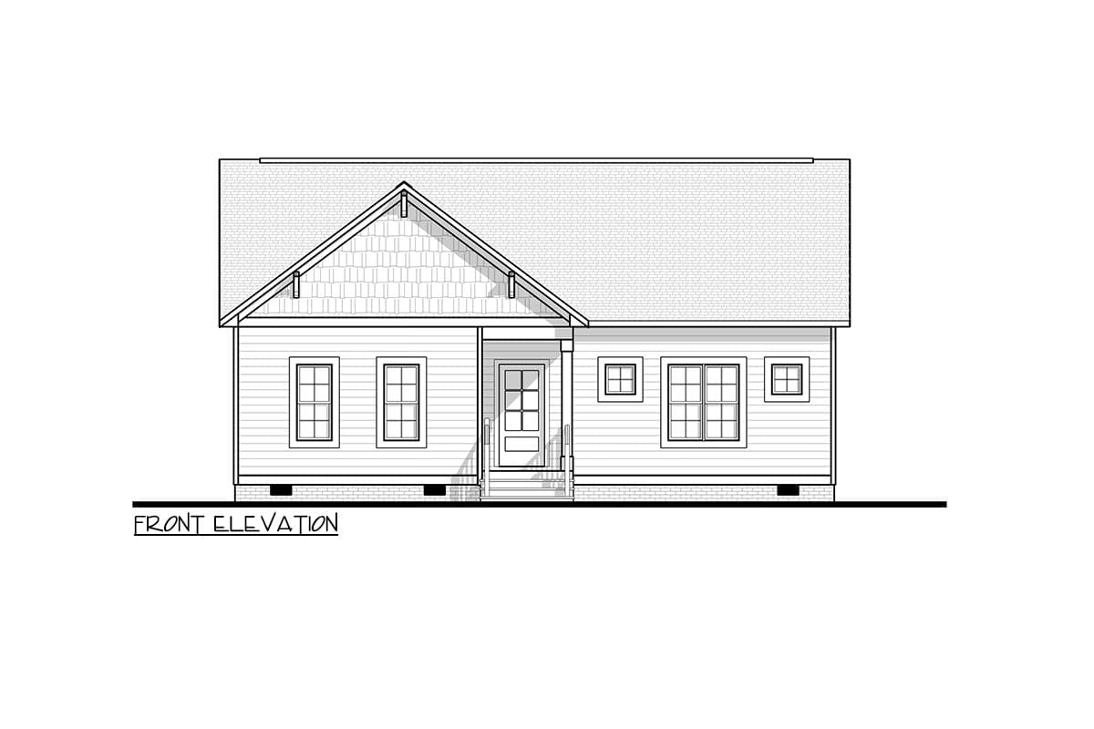 Front elevation drawing of a one-story house plan with a gable roof, shingle siding accent, and double-hung windows.