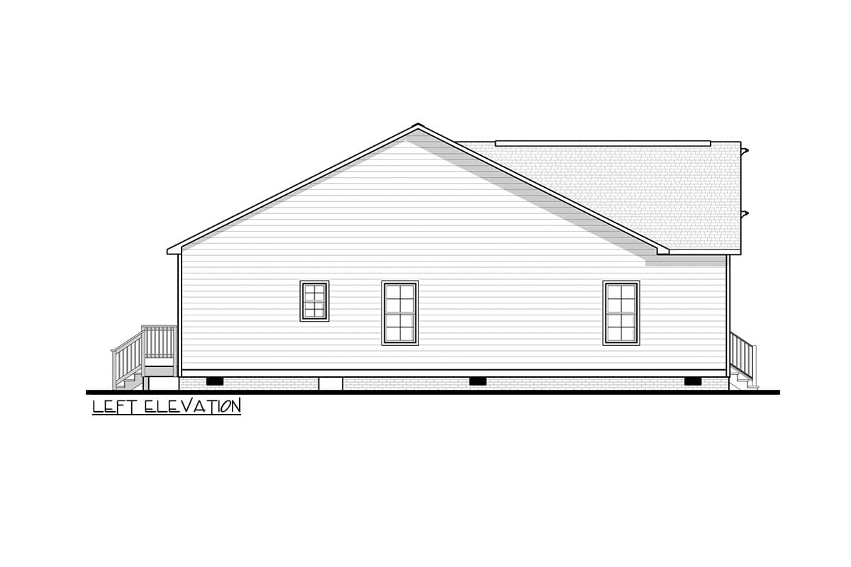 Left elevation drawing of a house plan, showing clapboard siding, a gable roof, and three windows.