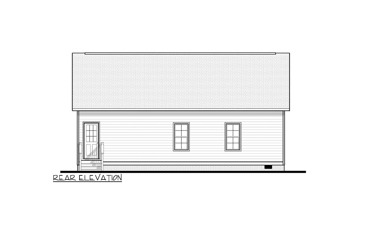 Rear elevation drawing of a house plan showing a single door with steps and two windows.