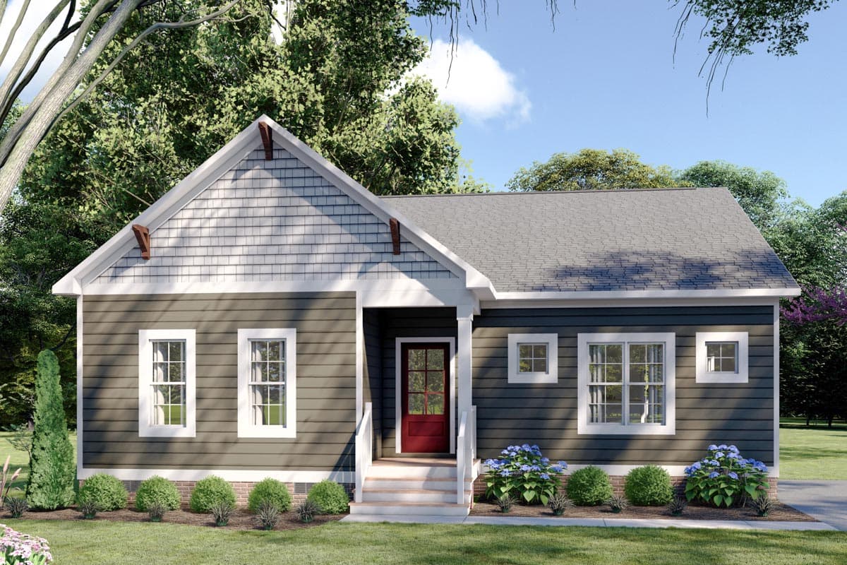 House plan exterior: One-story home with gable roof, shingled gable end, decorative rafter tails, and covered entry porch.