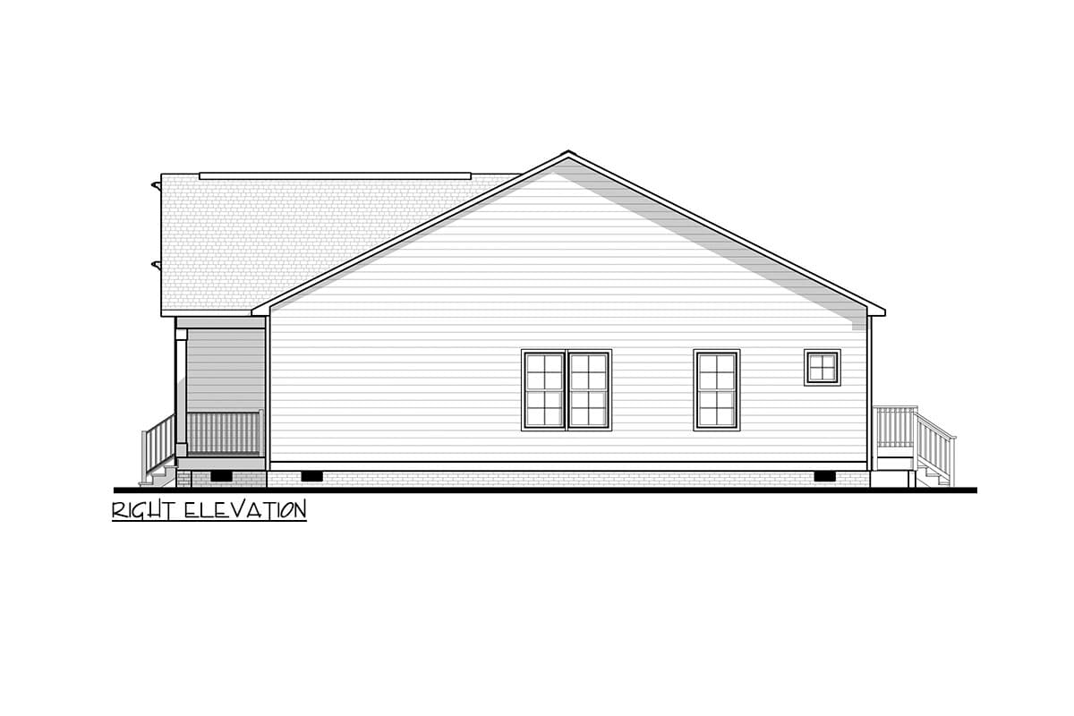 Right elevation house plan: single-story home with pitched roof, front porch, multiple windows, and rear deck.