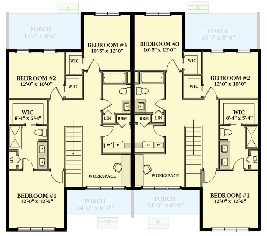 Plan 46504LA: Contemporary Duplex House Plan with Matching 1751 Square Foot 3-Bed Units - Floor Plan - 2nd Floor - Contemporary, New American