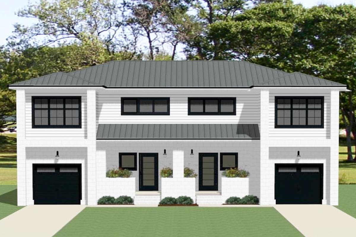 House plan exterior. Two-story, Modern style, featuring a metal roof, two-car garage, and symmetrical design with inset entries.