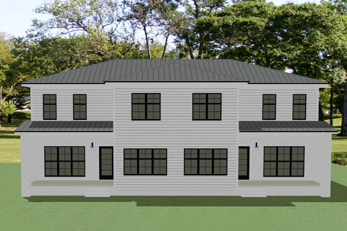 Modern two-story house plan exterior with gable roof, horizontal siding, and brick base.