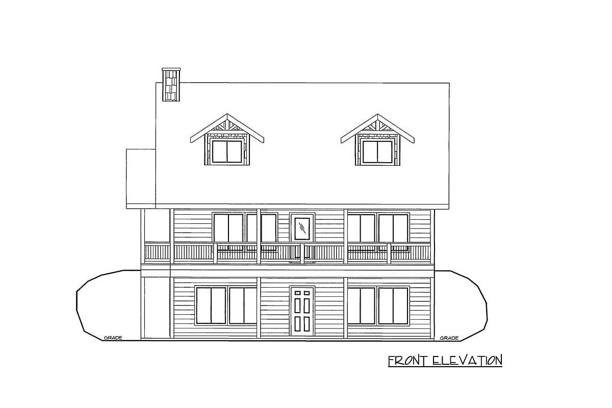 Front elevation drawing of a two-story house plan with dormers, a wrap-around porch, and horizontal siding.