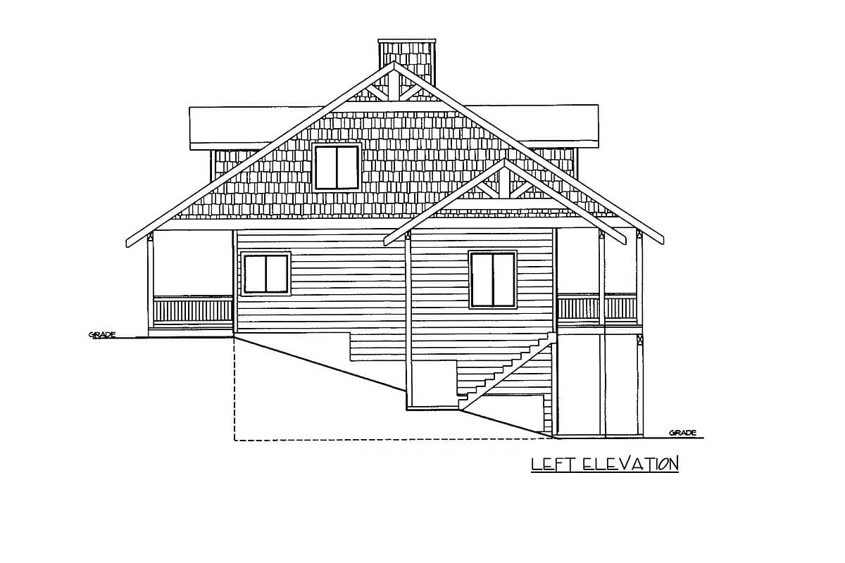 Left elevation house plan drawing with exposed rafters, gable roof, dormer window, and covered porch.
