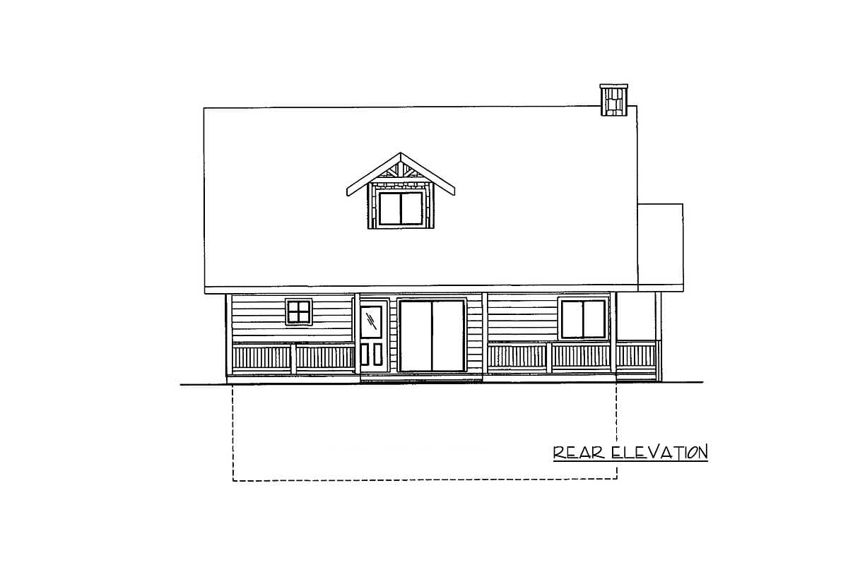 Rear elevation drawing of a house plan with a covered porch, dormer, and chimney.
