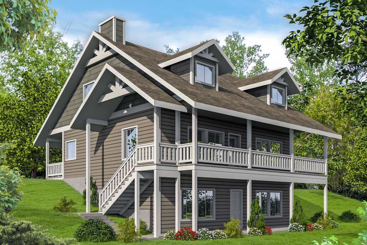House plan exterior: two-story home with wraparound porch, prominent gables, dormers, and a central chimney.
