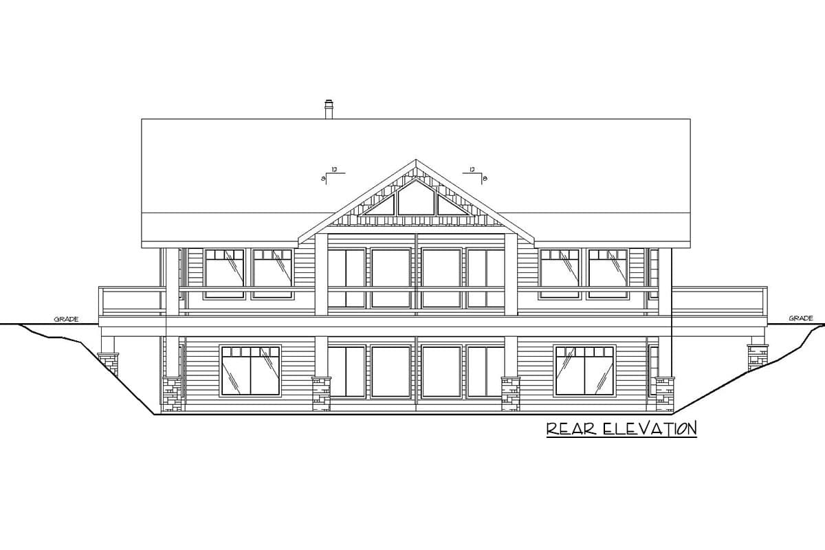 Rear elevation house plan drawing showing two stories, large windows, gabled dormer, and a deck.