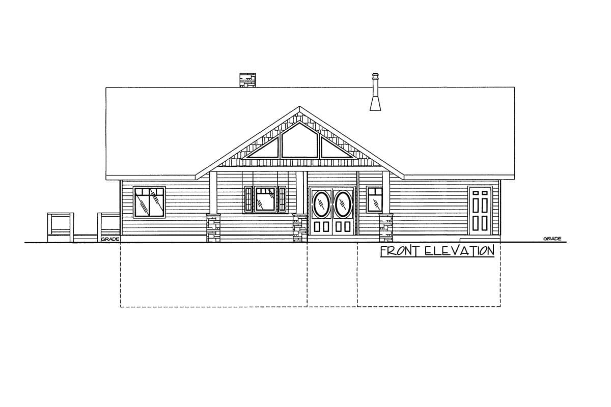Front elevation drawing of a house plan with a gabled roof, covered porch, double entry doors, and stone pillars.