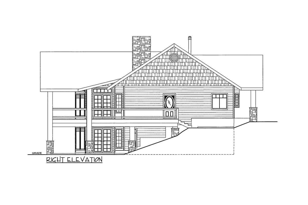 Right elevation drawing of a house with multiple gables, stone chimney, wood siding, and a deck.
