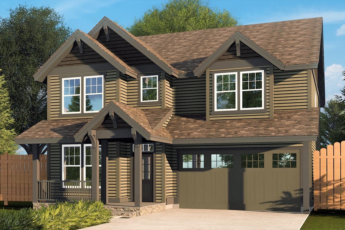 House plan exterior in Craftsman style. Two-story home with gables, a covered front porch, and an attached garage.