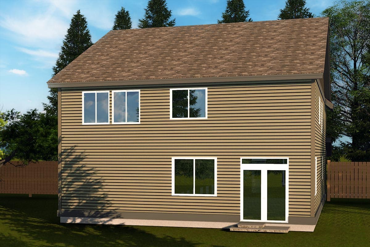 Two-story house plan exterior with horizontal siding, two upper windows, one lower window, and a double glass door with steps.
