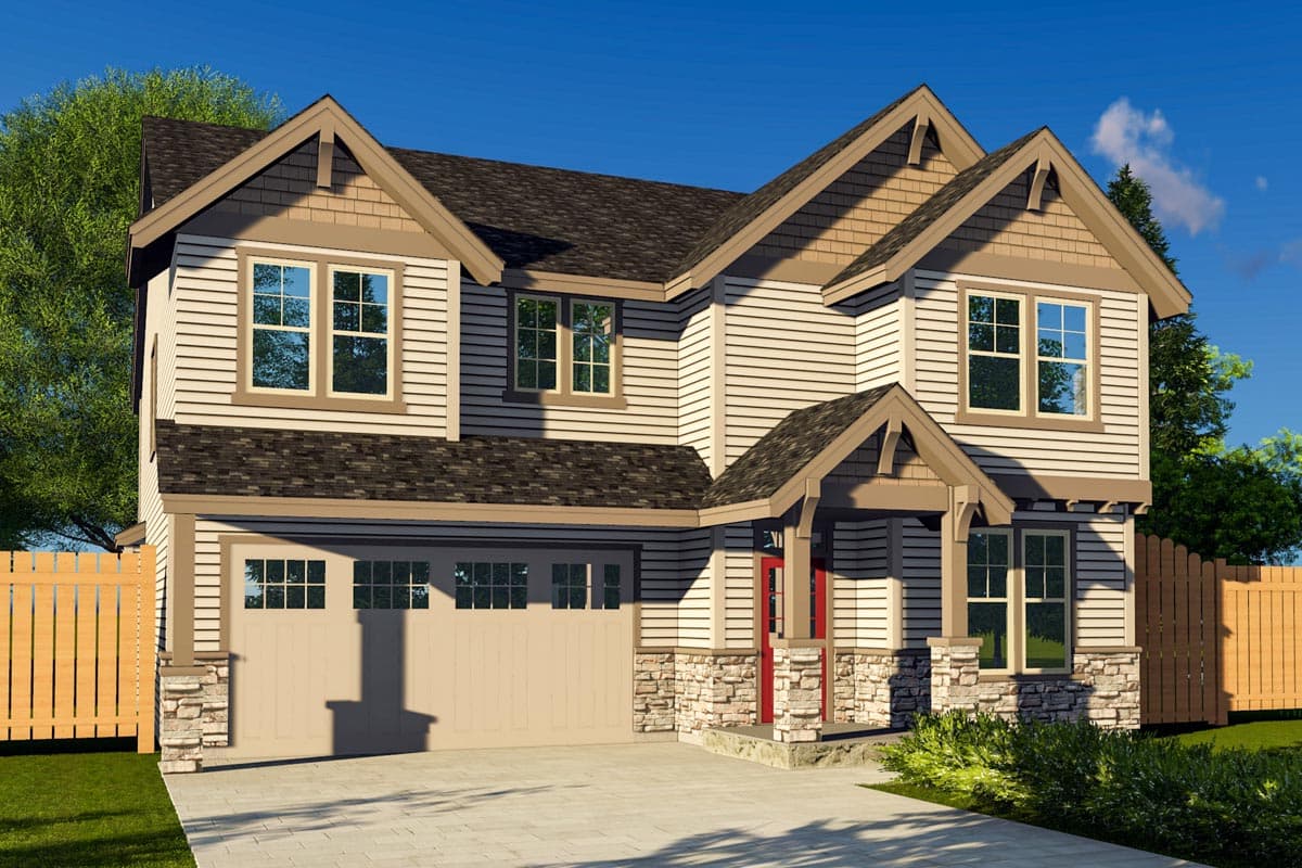 House plan exterior in Craftsman style. Two-story home with gables, a covered porch, and a two-car garage. Features stone facade accents.