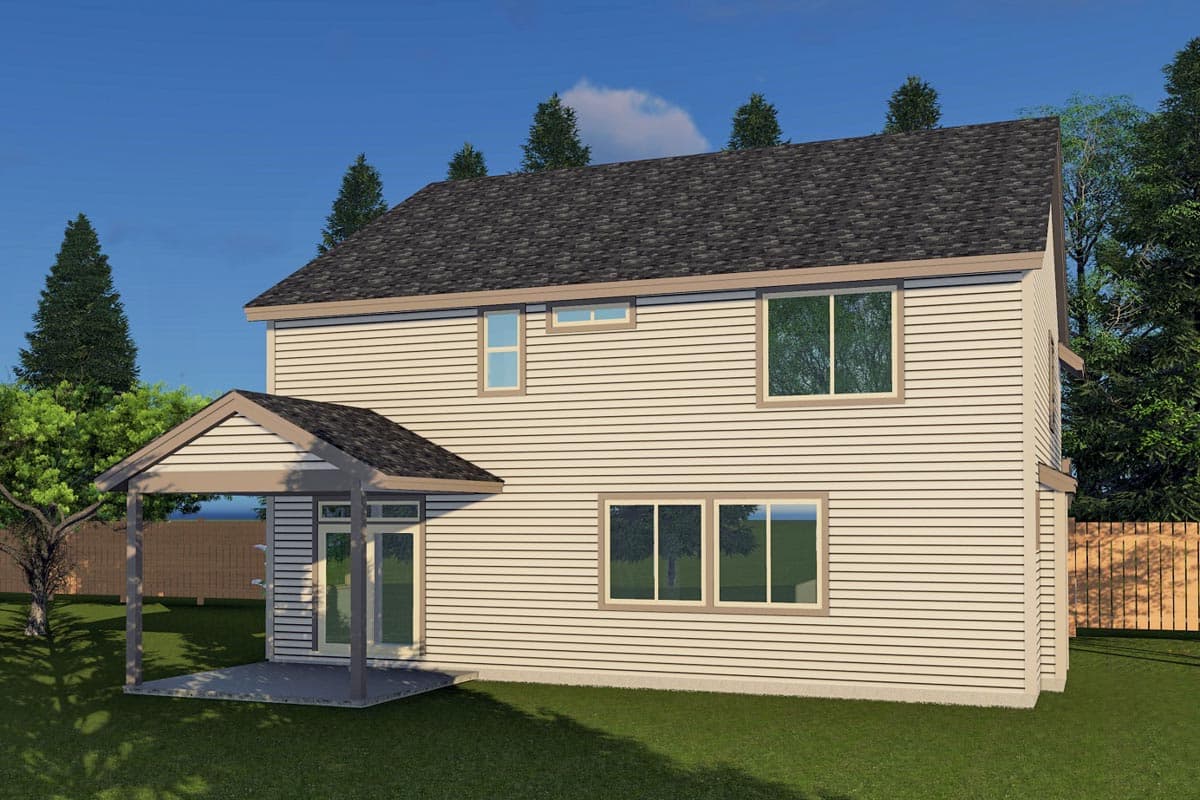 Two-story house plan exterior with siding, a covered porch, double door, and multiple windows.