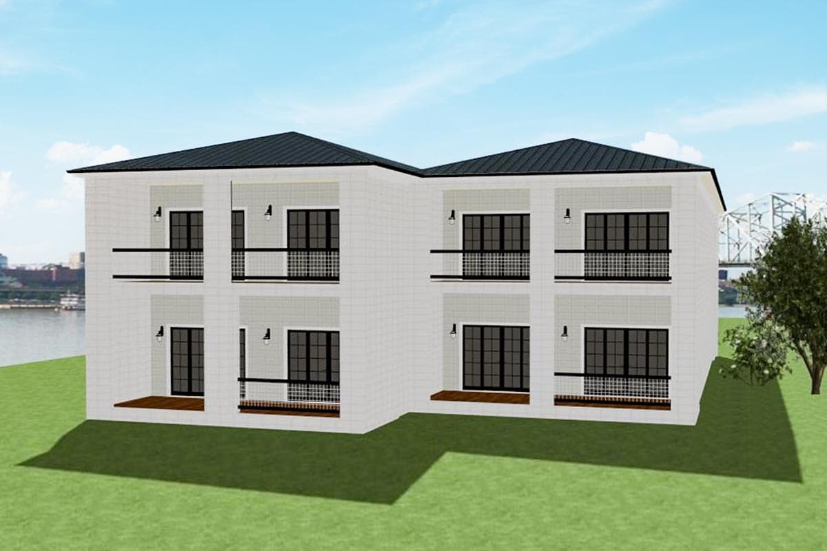 House plan exterior of two-story modern building with multiple balconies, black metal railings, and large windows.