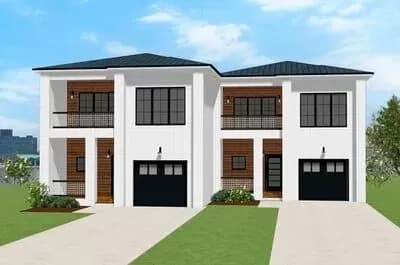Contemporary Duplex House Plan with Identical 3-Bed Units Under 2300 Square Feet