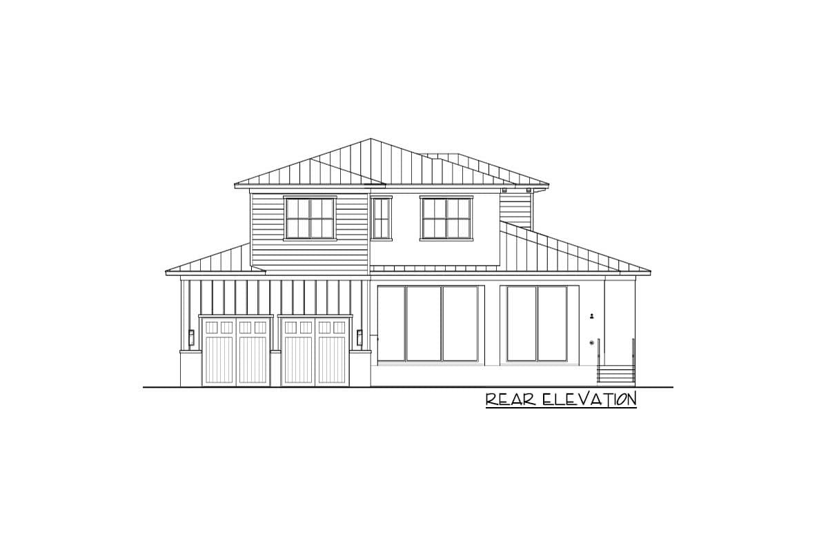 Rear elevation drawing of a two-story house plan with a metal roof, two-car garage, and large windows.