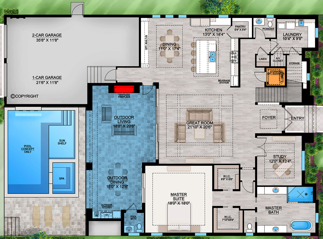 Plan 86113BW: Two-Story 4750 Square Foot Coastal Contemporary House Plan with Optional Elevator - Floor Plan - Main Level - Coastal, Coastal Contemporary, Florida-Style, Southern