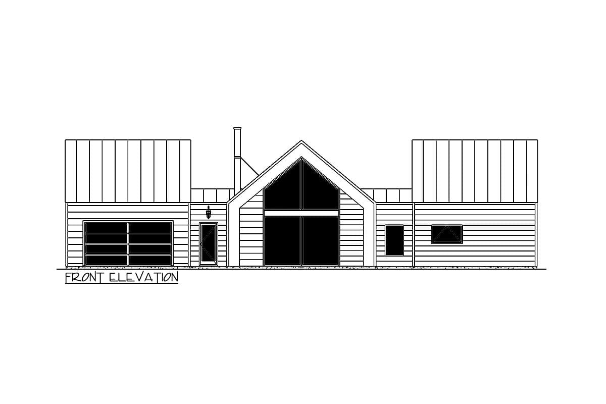 Front elevation of a house plan featuring a prominent gable with large windows, a garage, and gabled dormer-like structures.