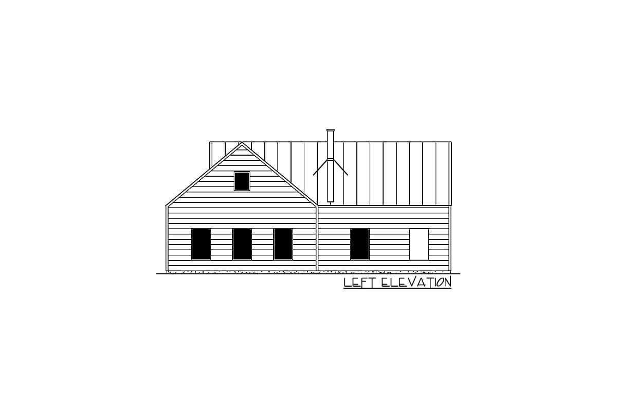 Left elevation drawing of a two-story house plan with gabled roof, dormer window, and siding.