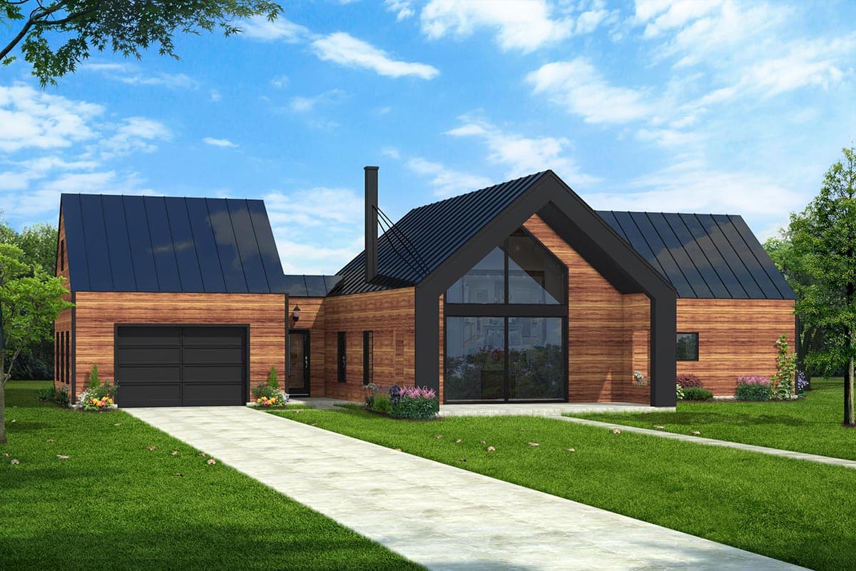 House plan exterior featuring a modern design, with a low-pitched roof, large window, and an attached garage with a black door.