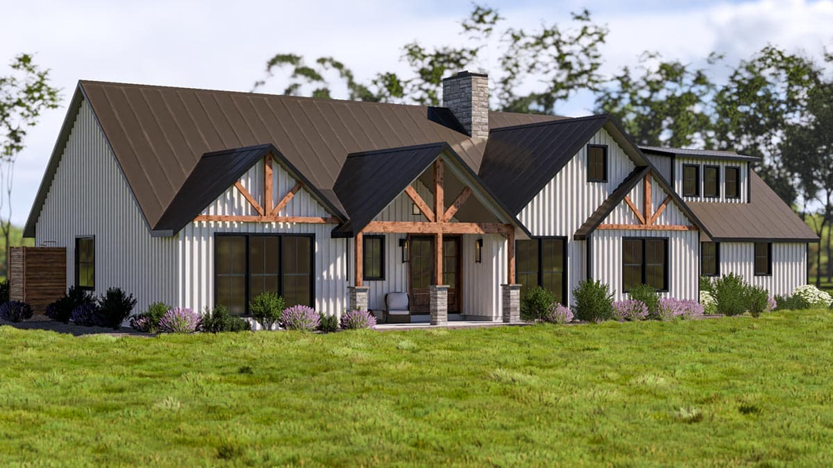 Modern Farmhouse house plan exterior with white vertical siding, metal roof, exposed wood beams, gables, and dormers.
