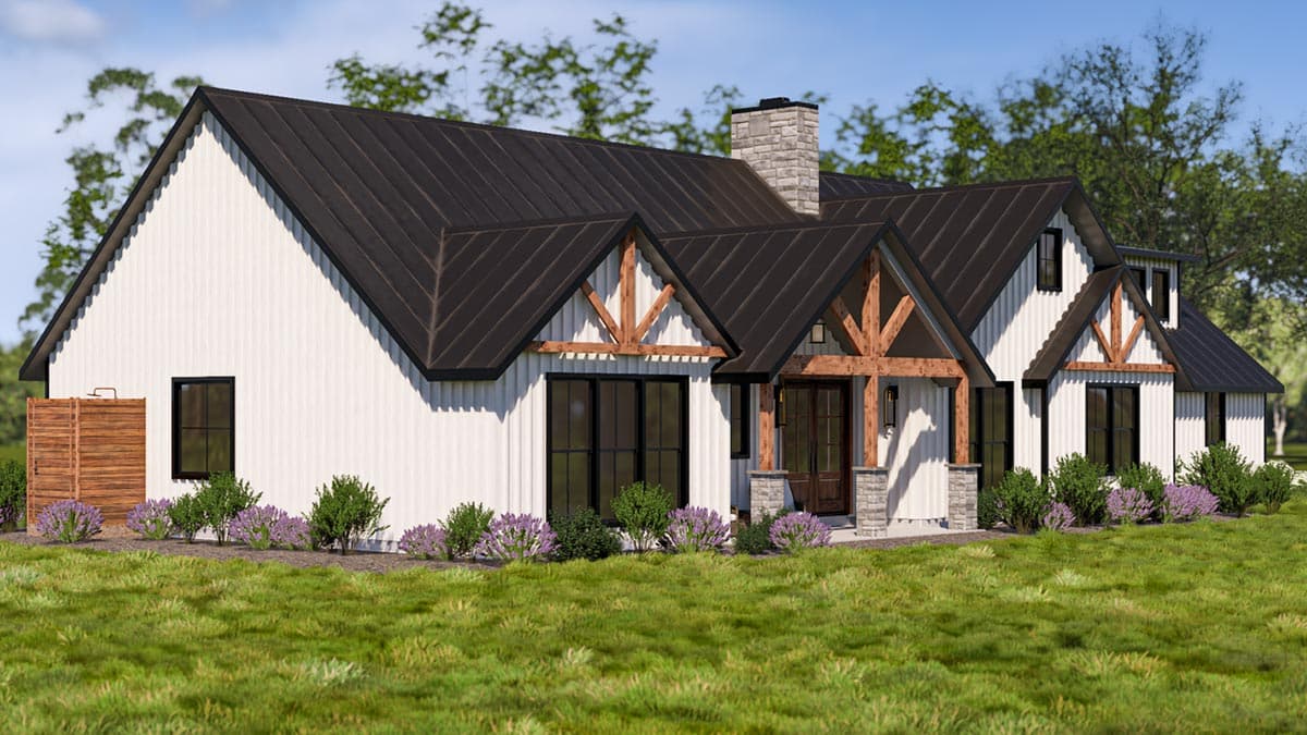 Modern Farmhouse house plan exterior with metal roof, stone chimney, gables with wood beams, and covered entry.